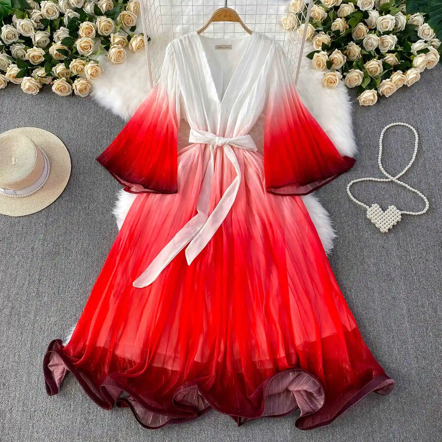 Europe and the United States Gradient Color V-neck Women's Summer Flared Sleeves Pressed Pleated Tie Long Dresses