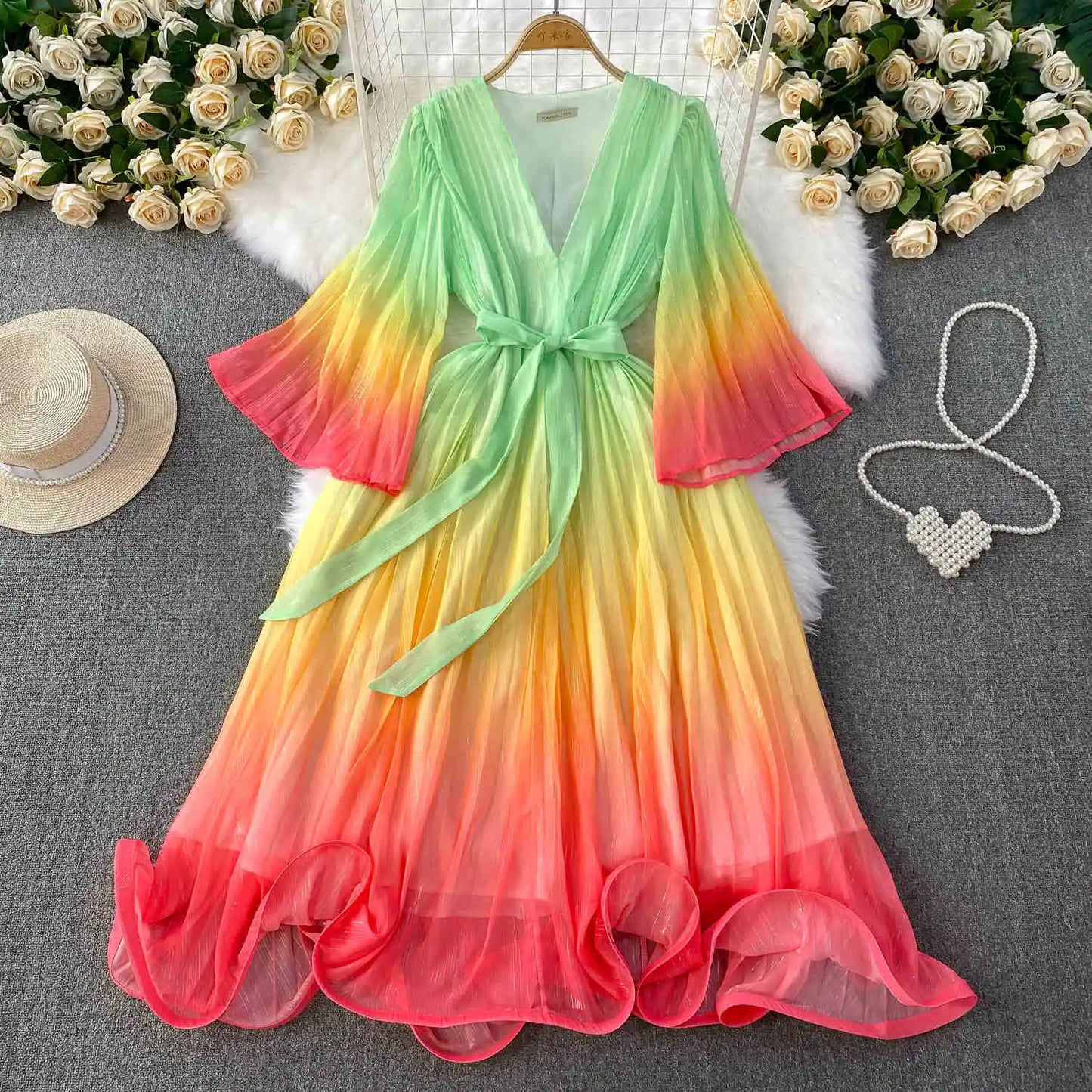 Europe and the United States Gradient Color V-neck Women's Summer Flared Sleeves Pressed Pleated Tie Long Dresses