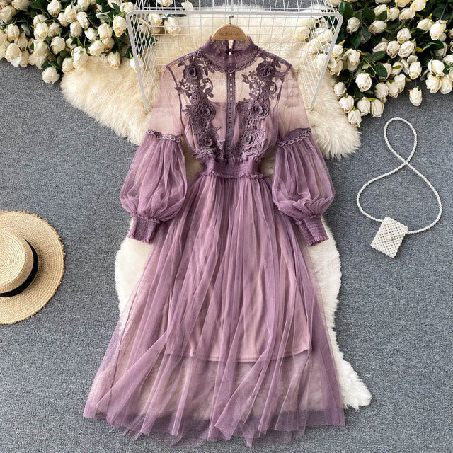 Mesh Lantern Sleeve Dress Set of 2 Mesh High Waist Lantern Sleeve Dress 2-Piece Set