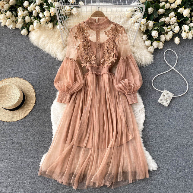 Mesh Lantern Sleeve Dress Set of 2 Mesh High Waist Lantern Sleeve Dress 2-Piece Set