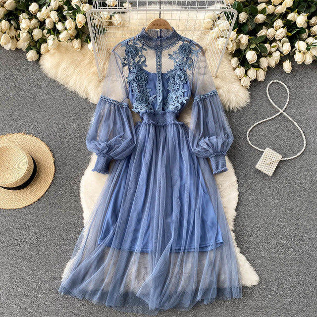 Mesh Lantern Sleeve Dress Set of 2 Mesh High Waist Lantern Sleeve Dress 2-Piece Set