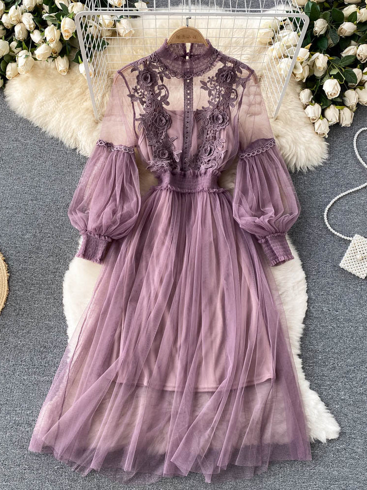 Mesh Lantern Sleeve Dress Set of 2 Mesh High Waist Lantern Sleeve Dress 2-Piece Set