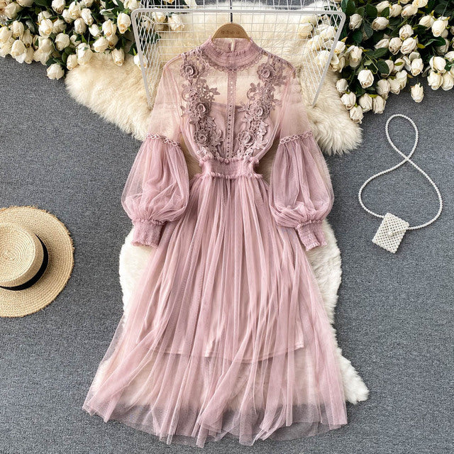 Mesh Lantern Sleeve Dress Set of 2 Mesh High Waist Lantern Sleeve Dress 2-Piece Set