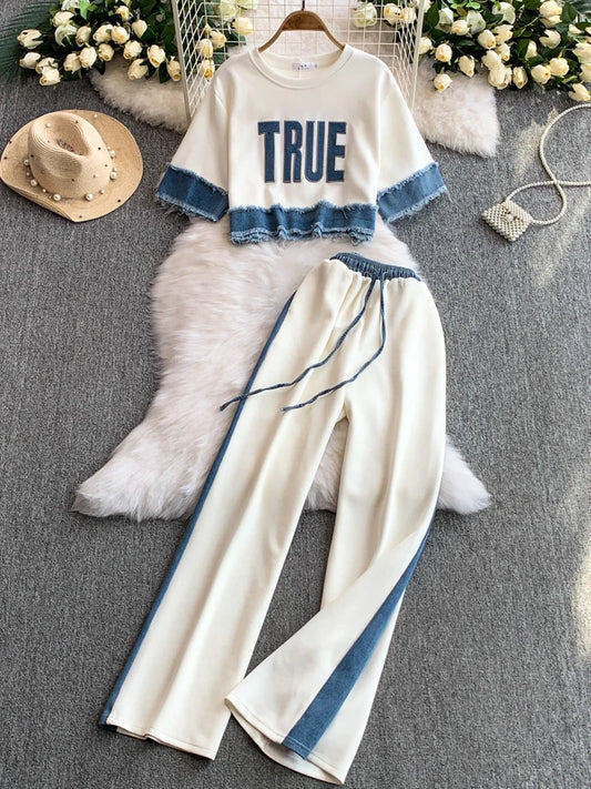 Women 2025 New Casual Two-piece Sets Design Splicing Tassels Denim Short Sleeved Top+high Waist Slimming Wide Leg Pants