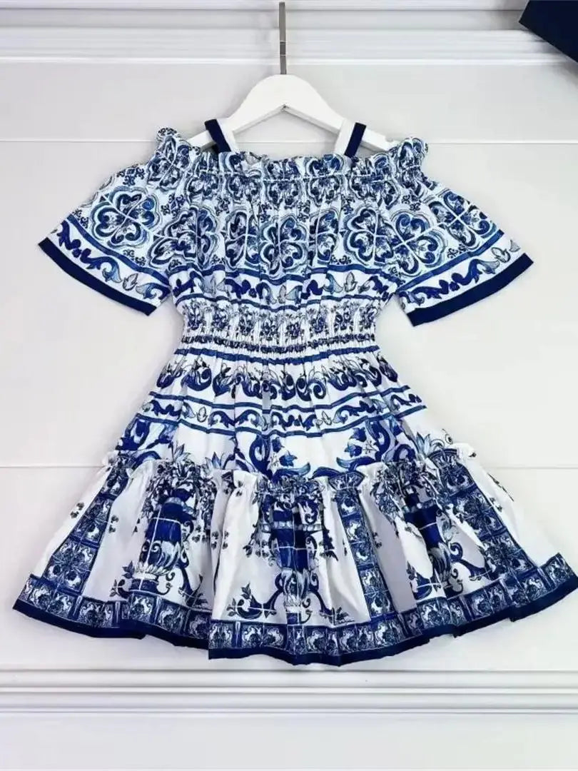 2024 latest style girl clothes green flower dress big girl vacation dress cotton floral printing kids dress