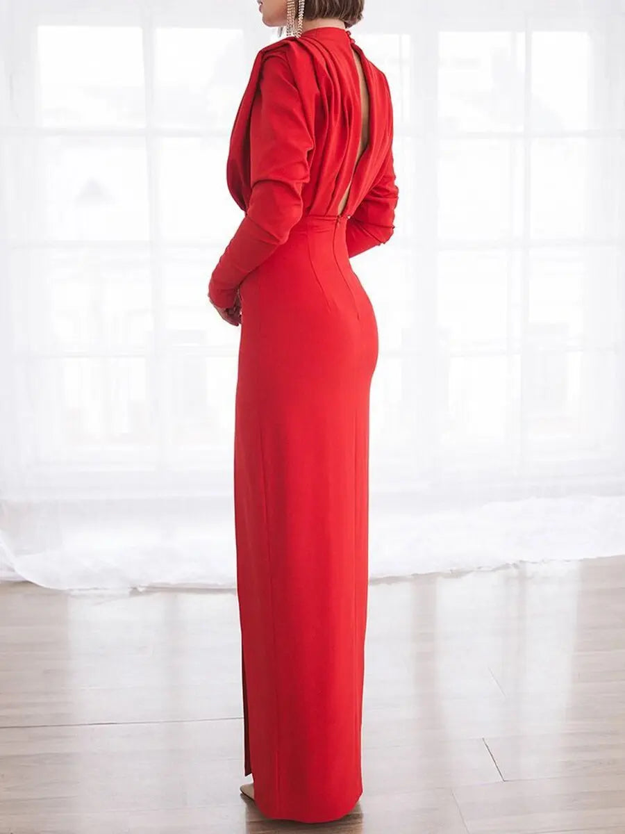 Half High Collar Slit Dresses for Women Casual Long Sleeve Solid Long Abaya Spring Summer Muslim Drsss Women Party Evening Dress