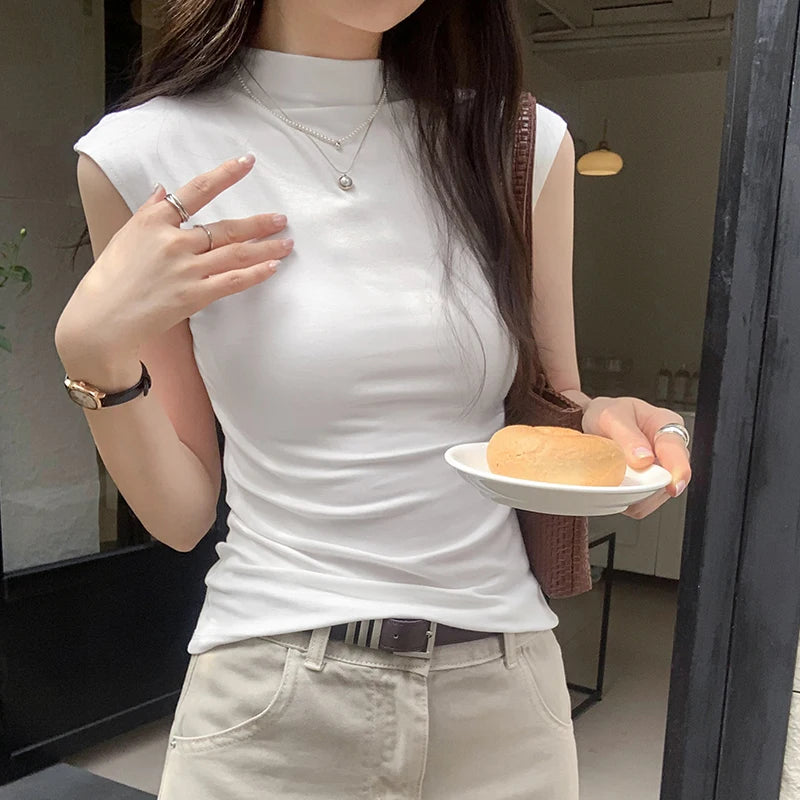 Navy Blue High Street American Vintage Sweet Women Tops Summer Chicly Sleeveless Fashion Solid Color Slim Casual Female T-shirts