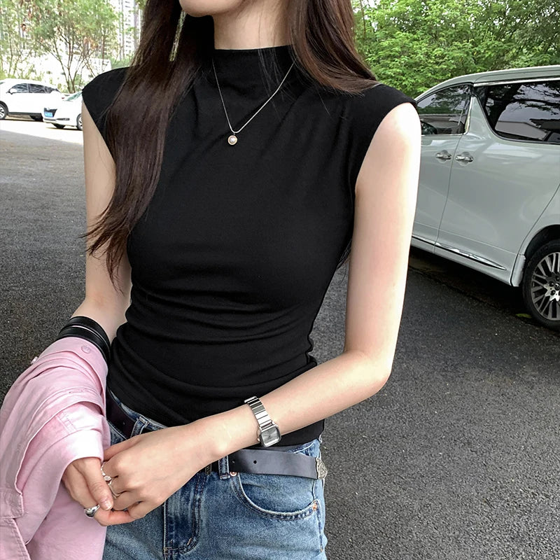 Navy Blue High Street American Vintage Sweet Women Tops Summer Chicly Sleeveless Fashion Solid Color Slim Casual Female T-shirts