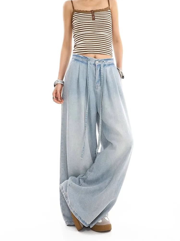 2025 Summer New Drape Wide Leg Jeans Elastic Versatile Ins Trendy Versatile Trousers Harajuku Jeans for Women Denim Pants