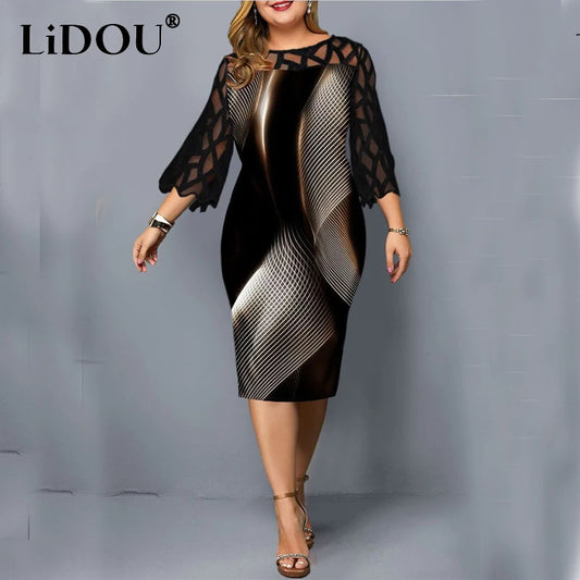 Autumn Winter Fashion Sexy Design Plus Size Hip Package Dress Women Lace Print Hollow Out Bodycon Dress Oversized Chic Vestidos