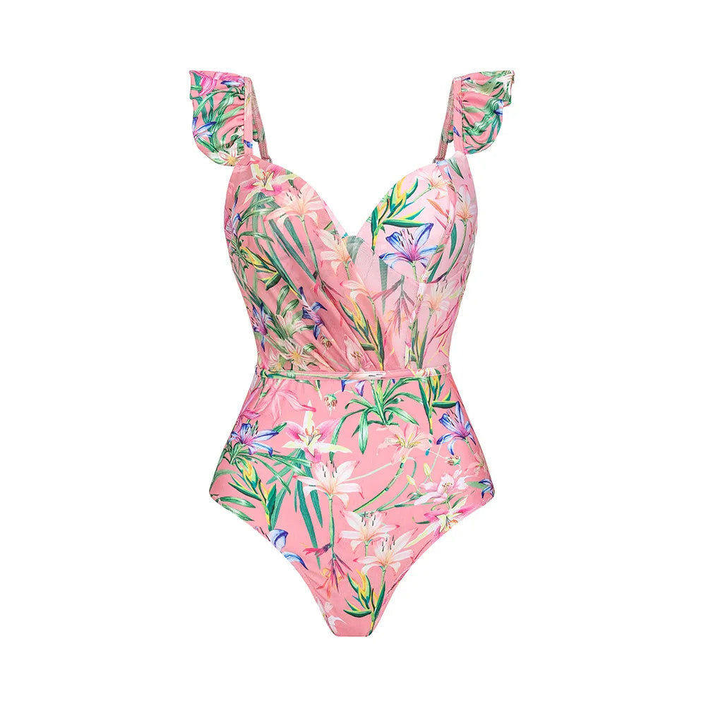 Women's V-Neck Floral Swimsuit, Holiday Designer, Mesh Splicing Skirt, Sarong Bathing Suit, New Swimwear