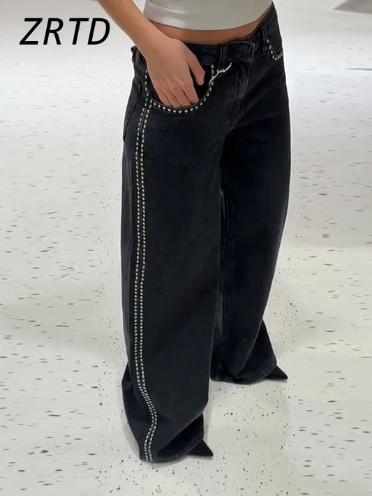Street Women's Beaded Jeans Baggy Low Waist Pockets Zipper Female Denim Trousers 2025 Spring Summer Lady Y2k Chic Fashion Pants