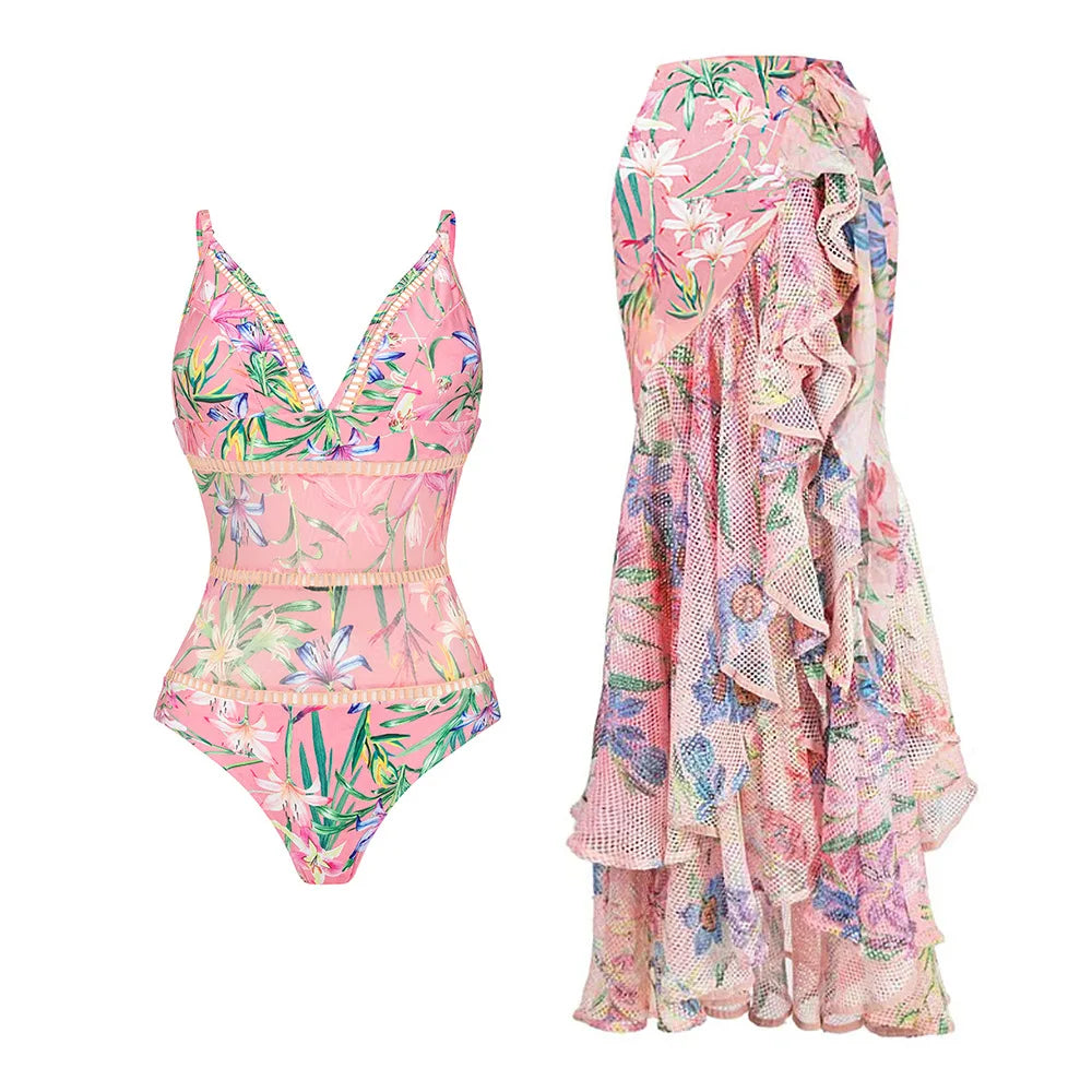 Women's V-Neck Floral Swimsuit, Holiday Designer, Mesh Splicing Skirt, Sarong Bathing Suit, New Swimwear