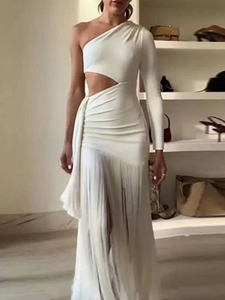 Women Sexy Strapless Hollow Tassels Party Dress Elegant Slanted Collar Shoulder Sleeve High Waist Slim Long Dresses Women's