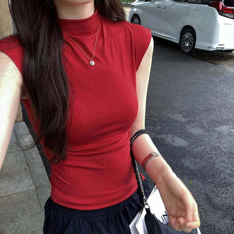 Navy Blue High Street American Vintage Sweet Women Tops Summer Chicly Sleeveless Fashion Solid Color Slim Casual Female T-shirts