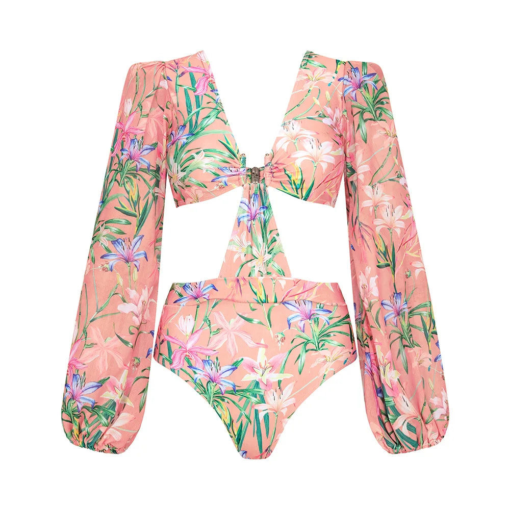 Women's V-Neck Floral Swimsuit, Holiday Designer, Mesh Splicing Skirt, Sarong Bathing Suit, New Swimwear