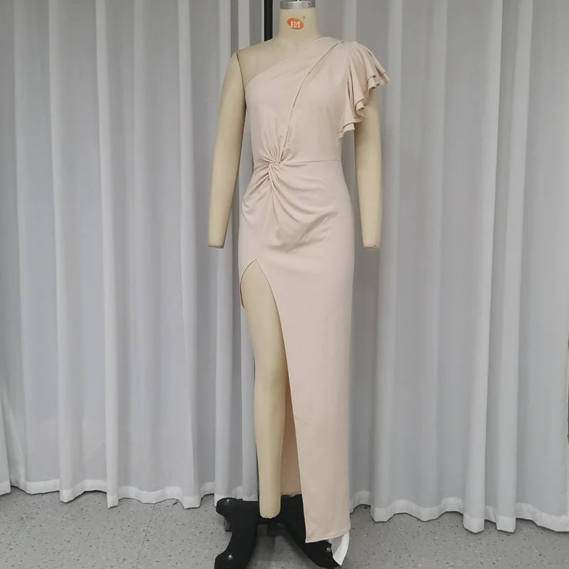 Ellfads Maxi Dress Women Summer Elegant Solid One Shoulder Irregular Hollow Out Ruffled Nipped Waist Pleated Slit Long Dresses