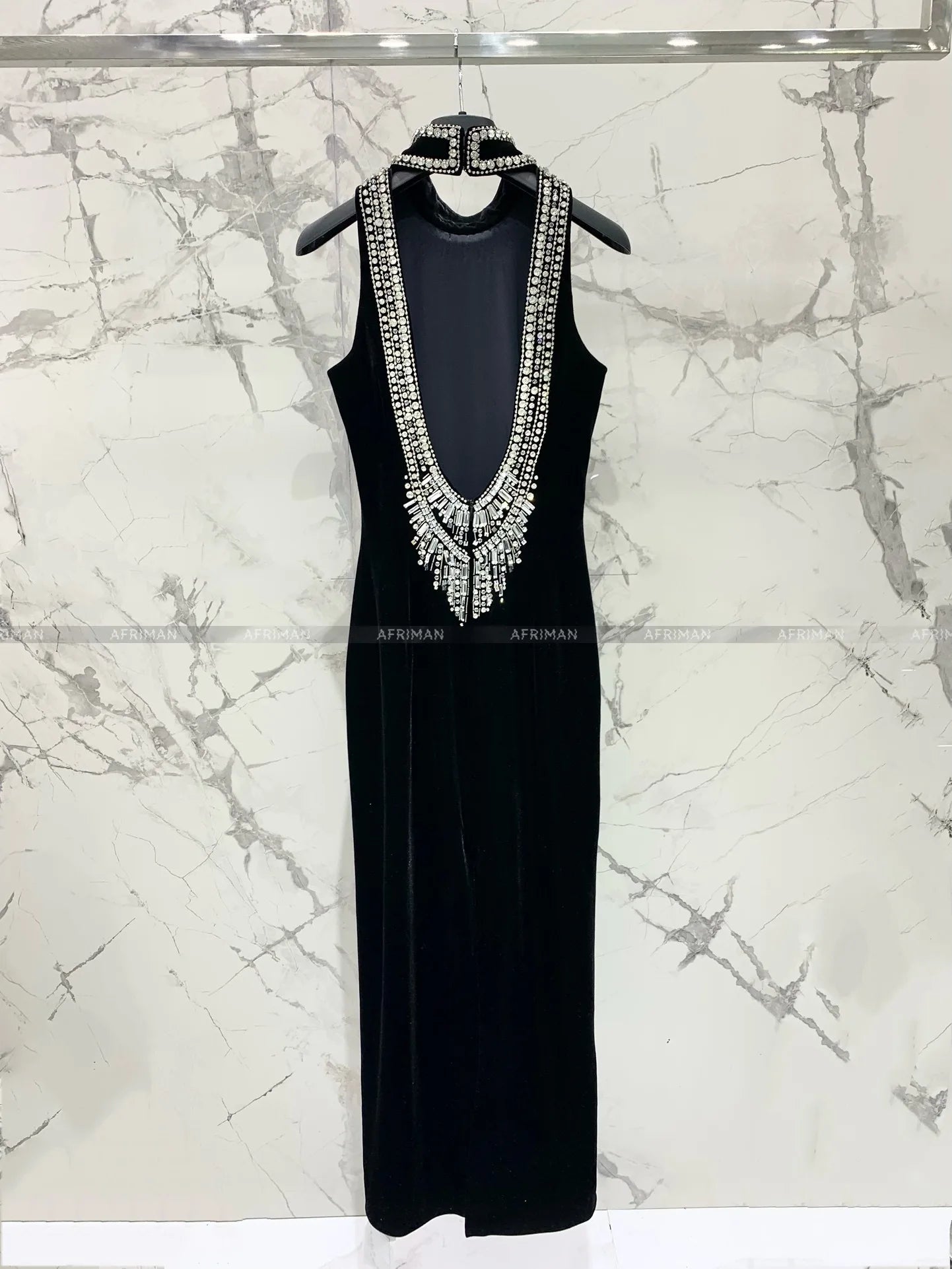 Women Heavy Rhinestone Bead Sexy Backless High Neck Waist Bag Hip Slimming Velvet Long Dress