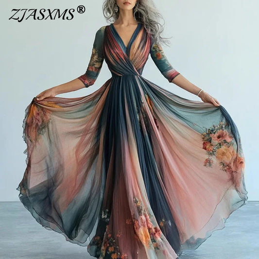 Ethnic Retro Print Mesh Swing Long Dress Woman Sexy V Neck High Waist Pleated Maxi Dress Spring Long-sleeved Boho Vacation Dress