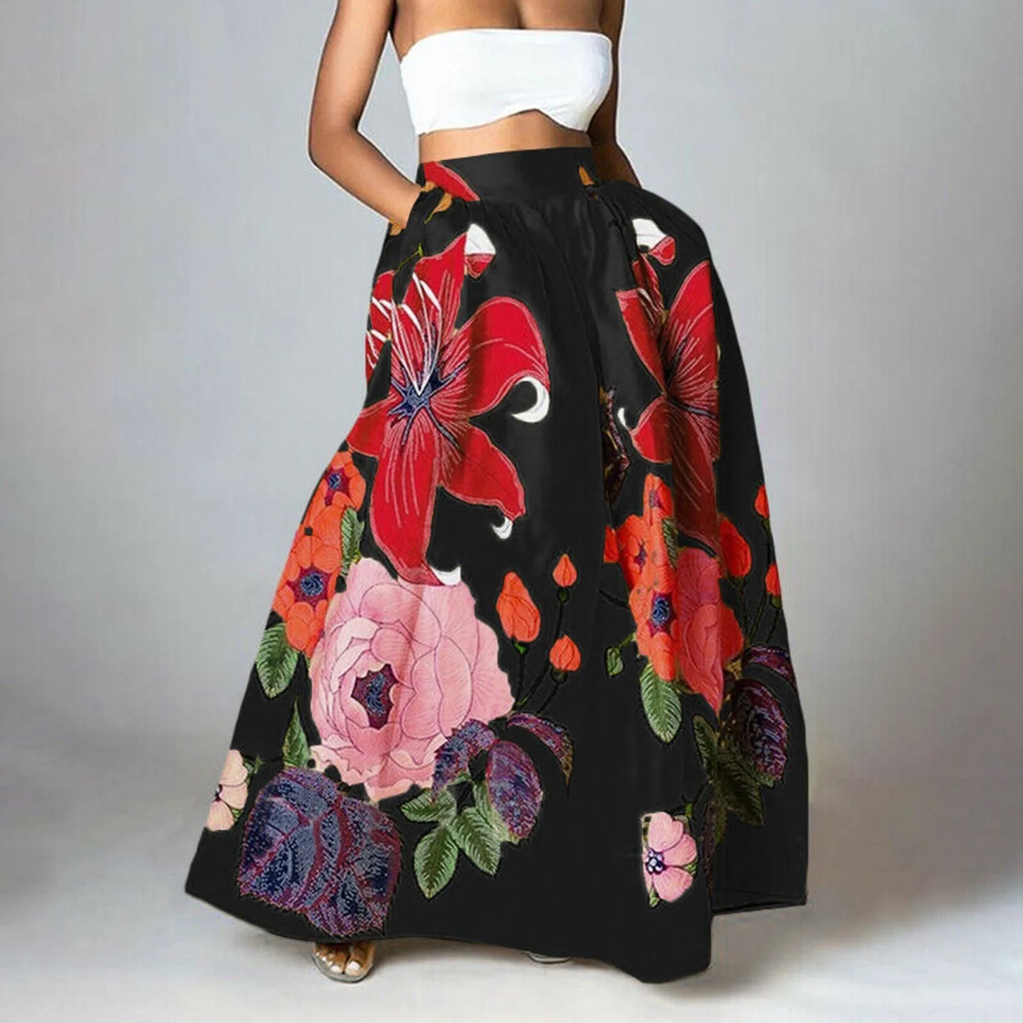 Bohemian Women Long Skirt Large Swing High Waist Floral Printing A-Line Skirt Women Faldas Fashion Casual Party Skirt Pockets