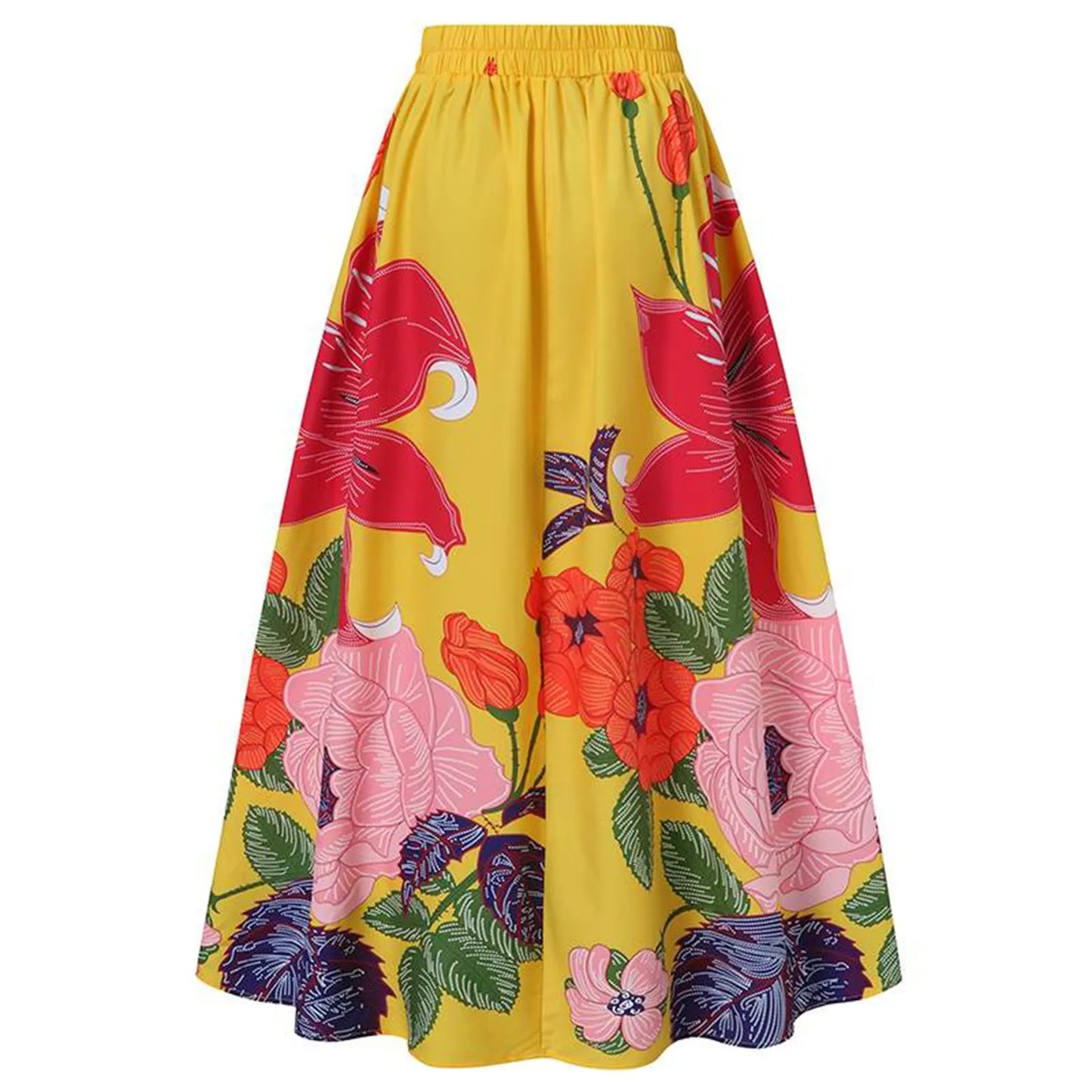 Bohemian Women Long Skirt Large Swing High Waist Floral Printing A-Line Skirt Women Faldas Fashion Casual Party Skirt Pockets