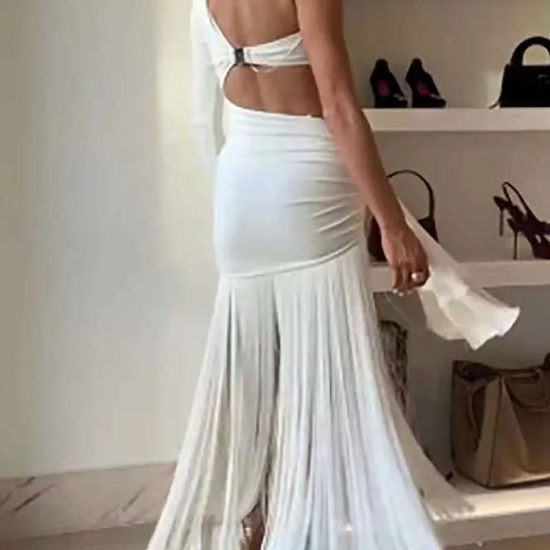 Women Sexy Strapless Hollow Tassels Party Dress Elegant Slanted Collar Shoulder Sleeve High Waist Slim Long Dresses Women's