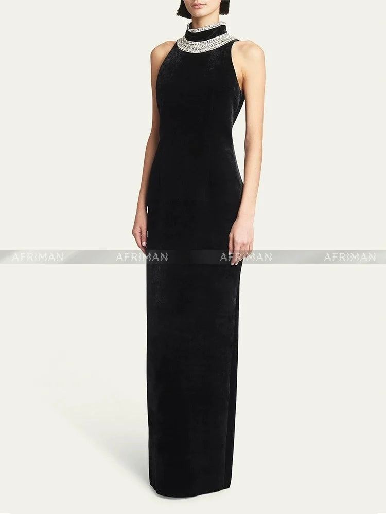 Women Heavy Rhinestone Bead Sexy Backless High Neck Waist Bag Hip Slimming Velvet Long Dress