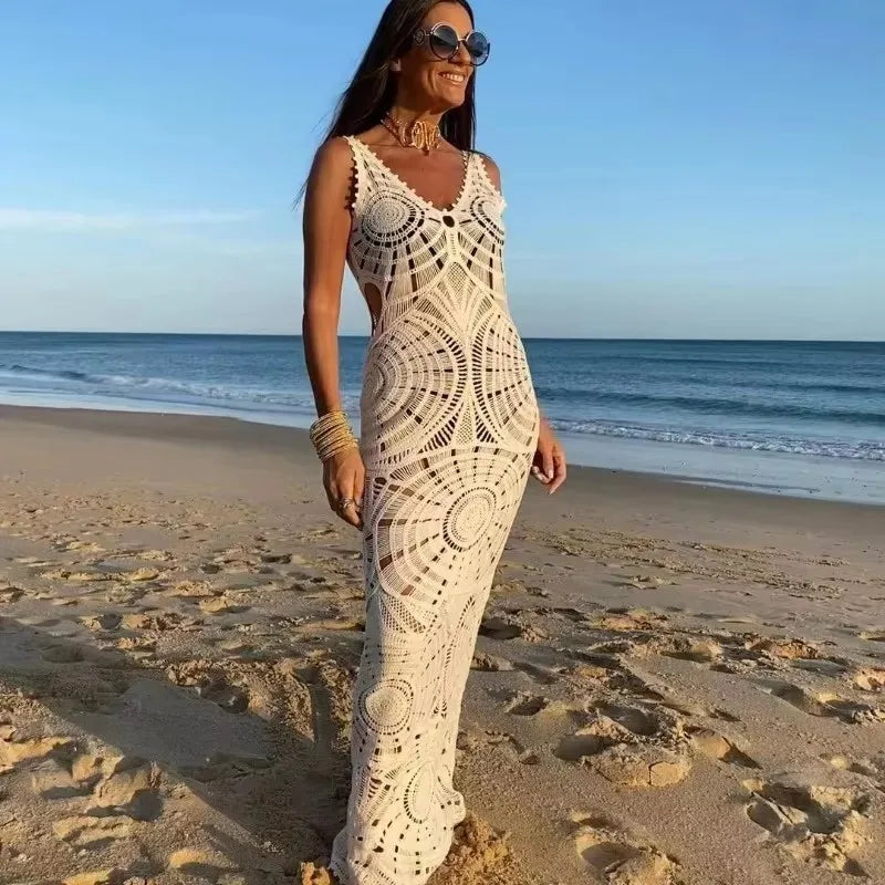Syiwidii Knitted Hollow Out Long Dress Women Sexy Sleeveless Backless V Neck Bodycon Dress Female Summer Elegant Party Beachwear