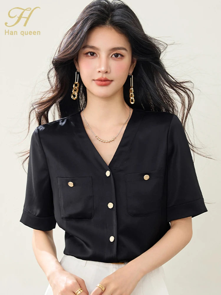 H Han Queen 2025 Summer Tops For Woman Retro V-Neck Black satin Casual Blouse Women Elegant Shirts Korean Short Sleeve Blouses