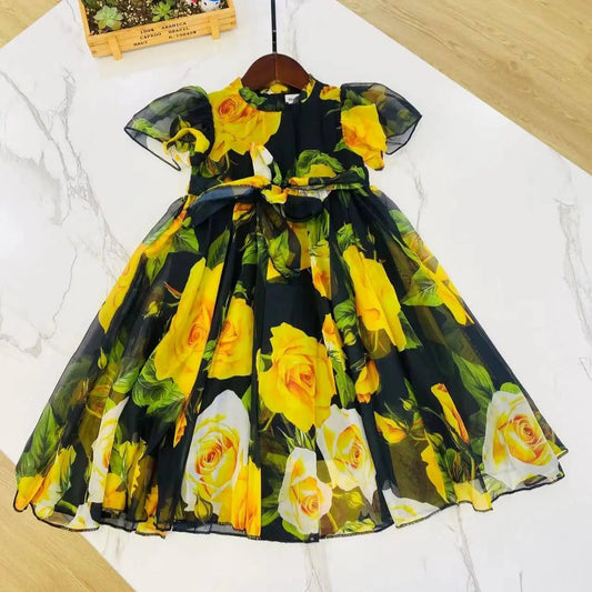 2024 latest style girl clothes green flower dress big girl vacation dress cotton floral printing kids dress