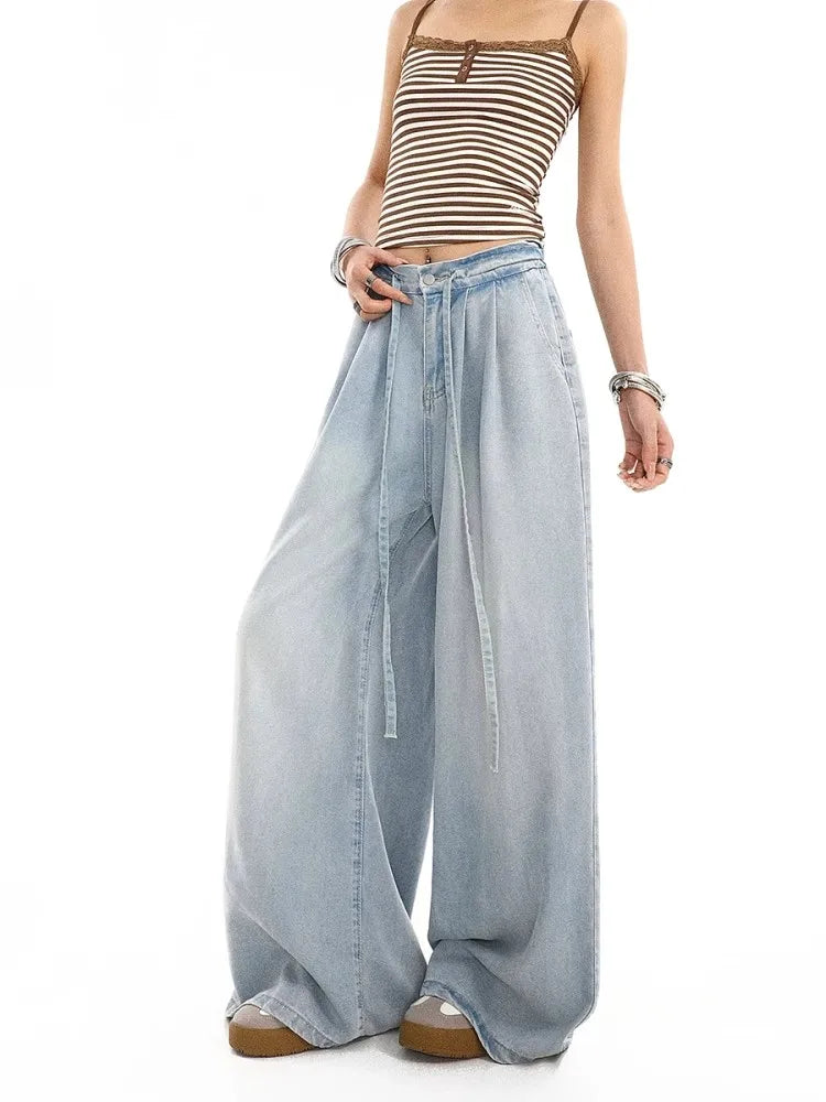 2025 Summer New Drape Wide Leg Jeans Elastic Versatile Ins Trendy Versatile Trousers Harajuku Jeans for Women Denim Pants