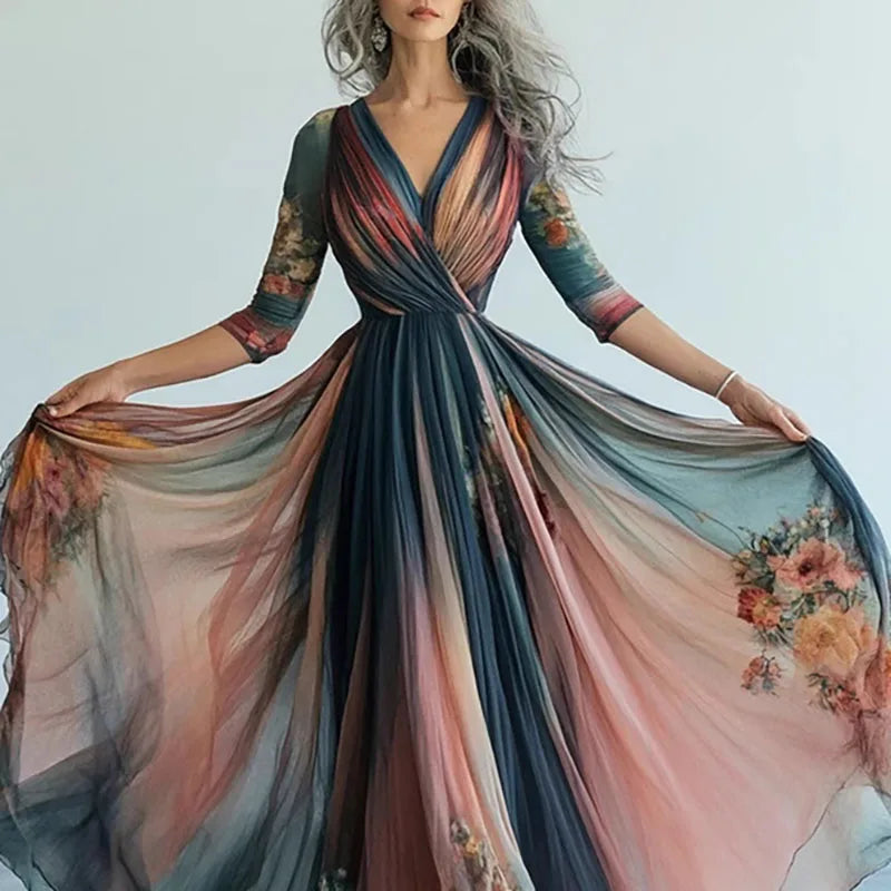 Ethnic Retro Print Mesh Swing Long Dress Woman Sexy V Neck High Waist Pleated Maxi Dress Spring Long-sleeved Boho Vacation Dress