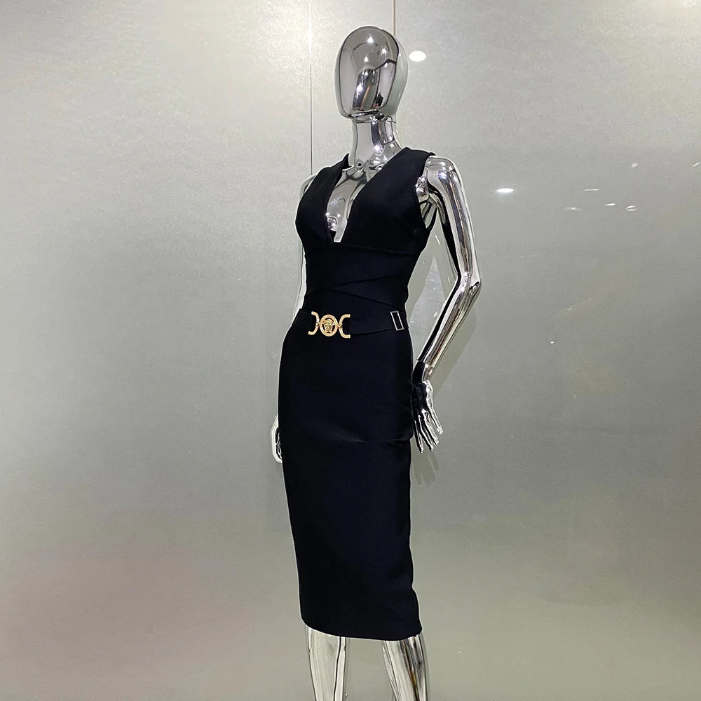 Mia Muse Dresses Summer Sexy Mature Vibe Plain Sleeveless Plunge Neck Below Knee Wrap Dating Dress 2025 for Women