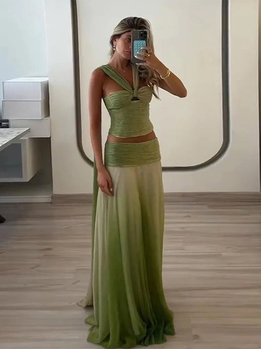 Gradient Skirts Outfits Women Halter Sleeveless Pleated Ribbon Long Skirts Sets Female 2025 Summer New Chic Beach Evening Suits