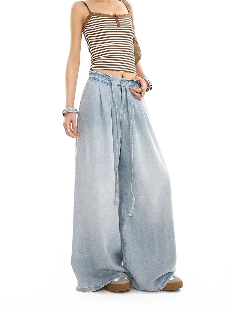 2025 Summer New Drape Wide Leg Jeans Elastic Versatile Ins Trendy Versatile Trousers Harajuku Jeans for Women Denim Pants
