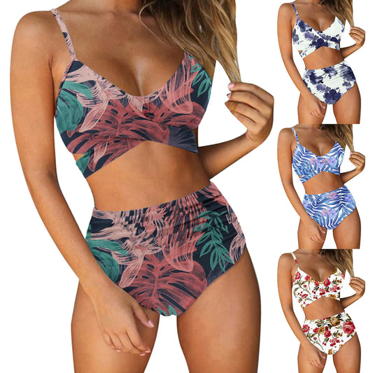2023 High Waist Bikinis Folds Plus Size Swimsuit Push Up Swimwear Tie Dye Print Bathing Suit Women Strap Bikini Set Beach