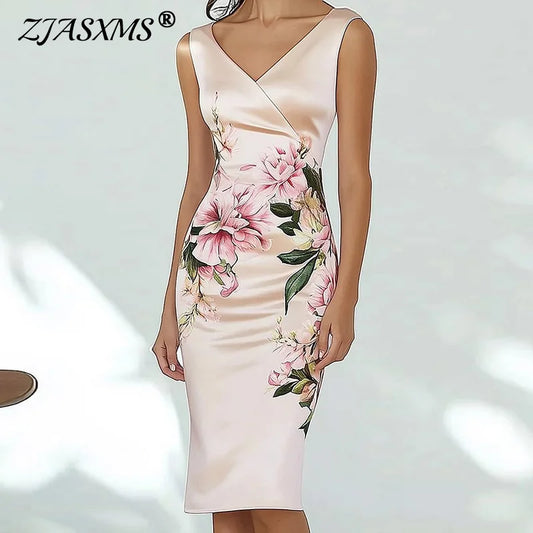 Elegant V Neck Commute Lady Dresses Retro Floral Print Slim Hip Dress for Woman 2025 Summer Sleeveless Back Zipper Holiday Dress