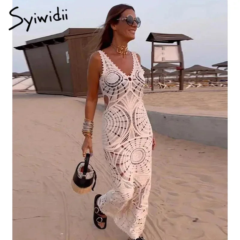 Syiwidii Knitted Hollow Out Long Dress Women Sexy Sleeveless Backless V Neck Bodycon Dress Female Summer Elegant Party Beachwear