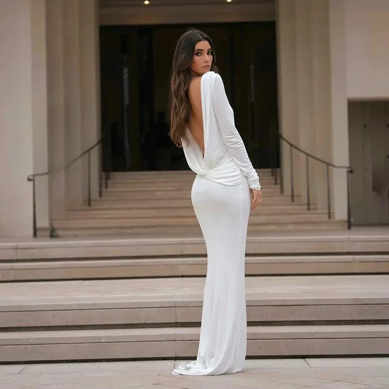 Chic Backless White Long Sleeved Slim Fit Dress for Women Pleated Elegant Round Neck Long Dresses 2024 New Female Evening Gowns