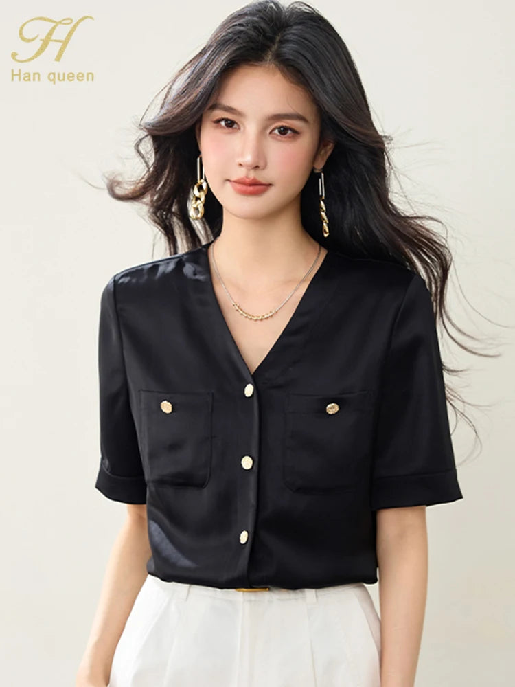 H Han Queen 2025 Summer Tops For Woman Retro V-Neck Black satin Casual Blouse Women Elegant Shirts Korean Short Sleeve Blouses