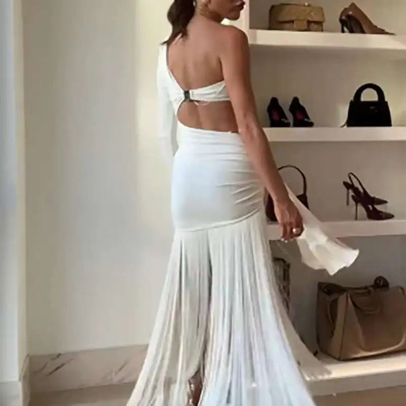 Women Sexy Strapless Hollow Tassels Party Dress Elegant Slanted Collar Shoulder Sleeve High Waist Slim Long Dresses Women's