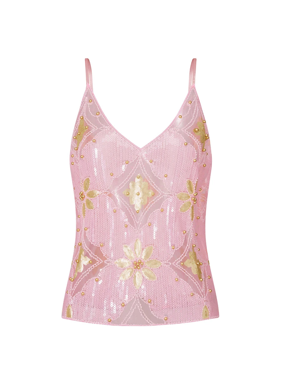 Women's Hot Sweet Sequin Bead Crop Tops Sexy Sling Slim Fit Short V-neck Straight Tank Top Korean Fashion Y2k Clothing