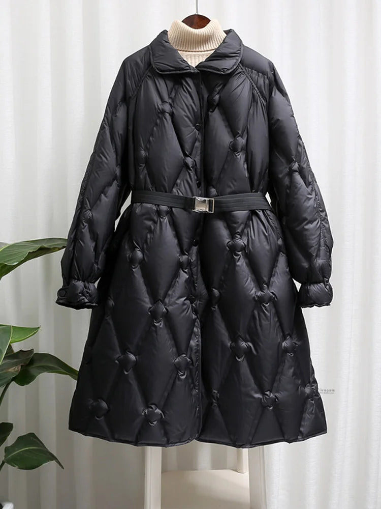 Janveny Ultra Light Women's Long Puffer Jacket Female Feather Parkas Lightweight Slim 90% Duck Down Coat With Belt Waterproof