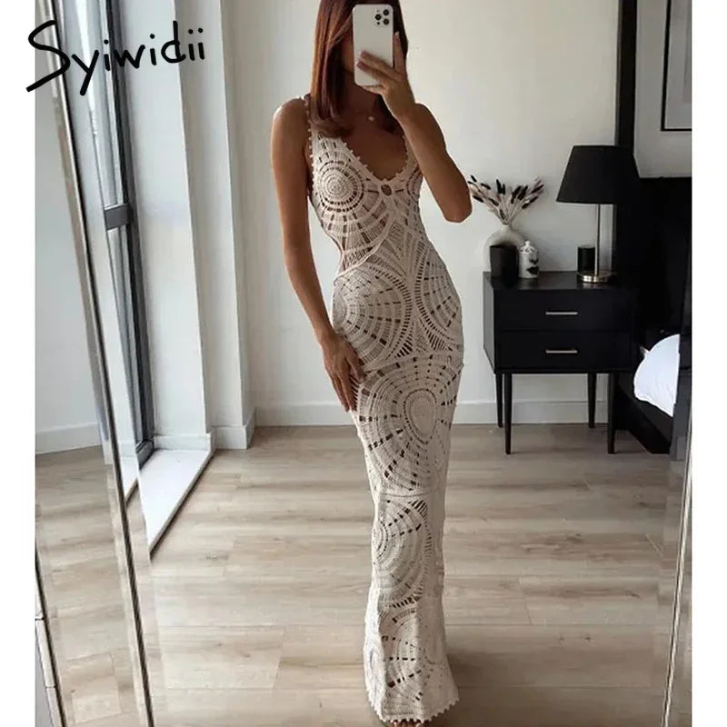 Syiwidii Knitted Hollow Out Long Dress Women Sexy Sleeveless Backless V Neck Bodycon Dress Female Summer Elegant Party Beachwear