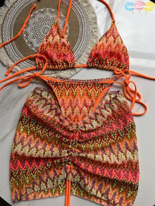 Women Swimsuit Colored Maple Leaves Knitted Bikini Skirt Three-Piece Set Split Swimsuit Bikini