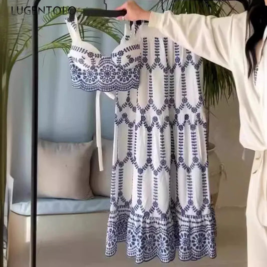 Women Summer Sexy Lace-up Bra Skirt Two-piece Set Fashion Print Short Tops Big Swing Elastic Waist Thin Beach Holiday Dress Sets