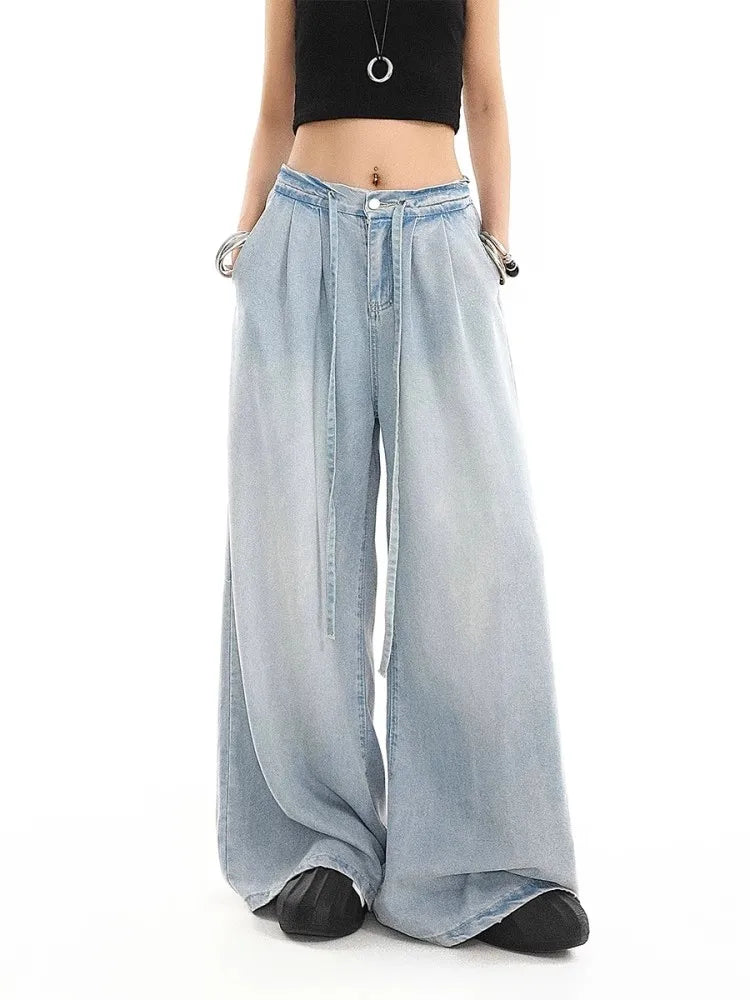 2025 Summer New Drape Wide Leg Jeans Elastic Versatile Ins Trendy Versatile Trousers Harajuku Jeans for Women Denim Pants