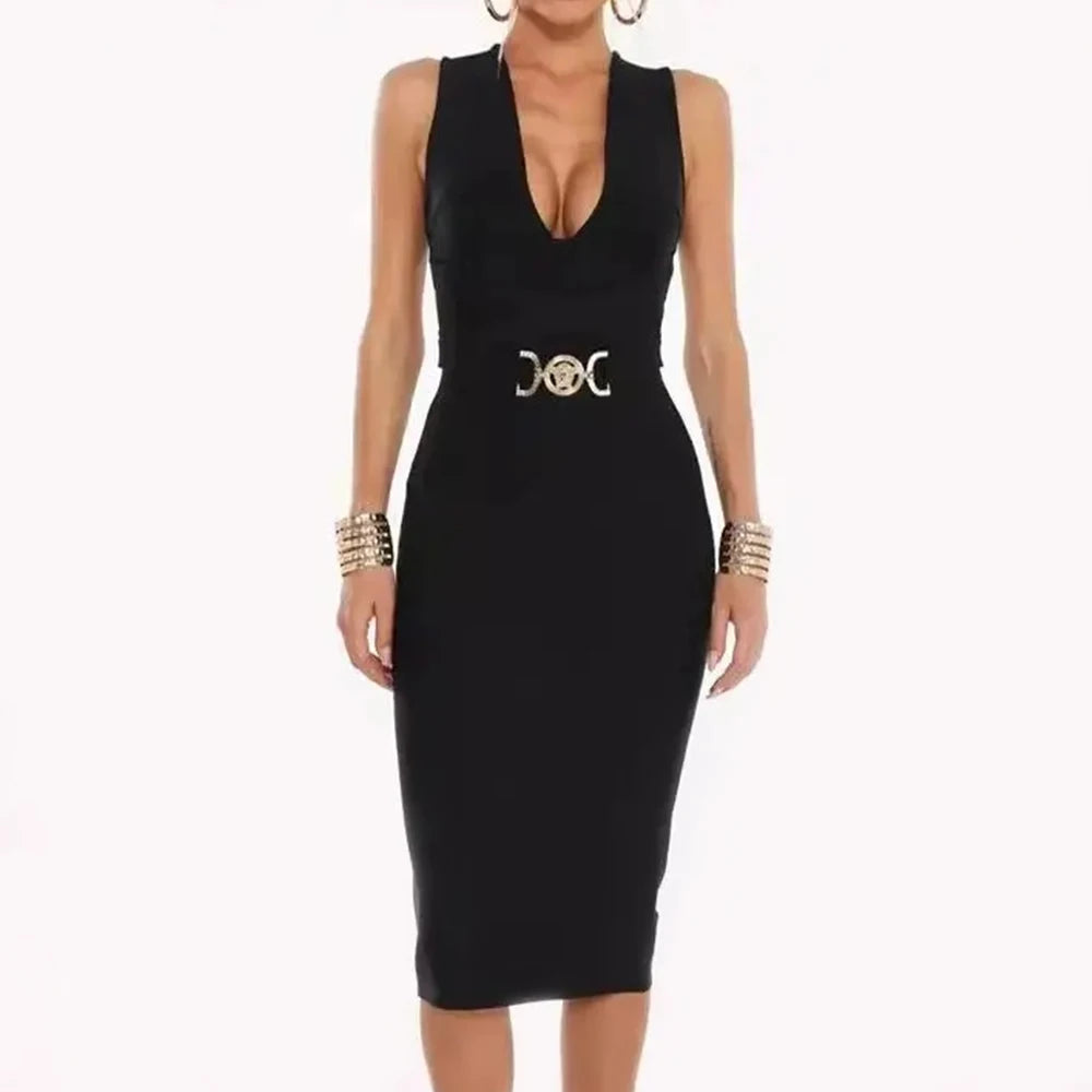 Mia Muse Dresses Summer Sexy Mature Vibe Plain Sleeveless Plunge Neck Below Knee Wrap Dating Dress 2025 for Women