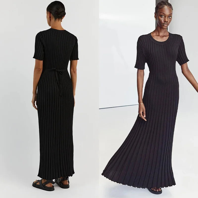 Knitted Women Long Dress Short Sleeve Pleated Lady Dresses 2024 Fashion Autumn Winter Hip Package O Neck Female Vestidos