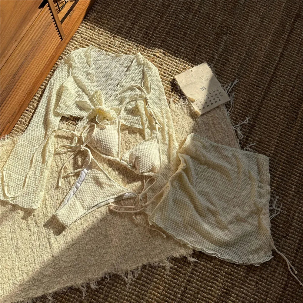 Solid White String Halter Bikinis Sets 4 Pieces Sexy Swimsuit Women Long Sleeve Cover Ups Tops Skirts Swimwear Bikini Beachwear